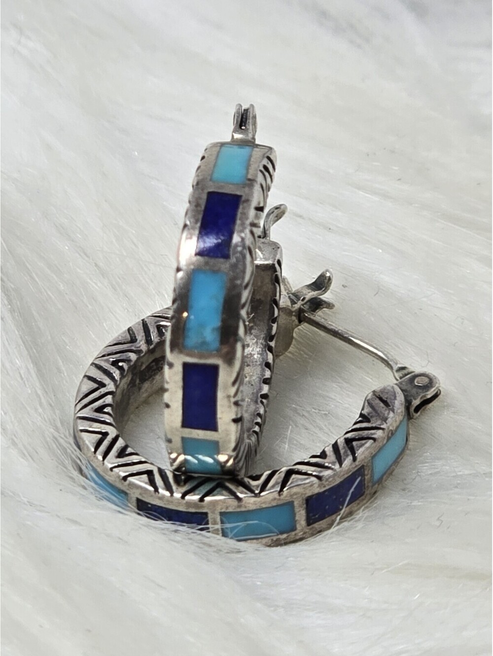 925 Sterling Turquoise Lapis Inlay Hoop Earrings Thailand